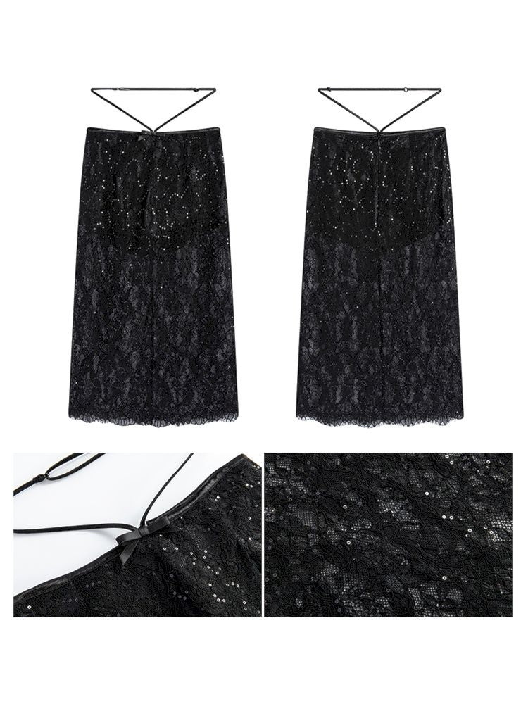 Black Lace Camisole + Low Waist Lace Half Skirt Set