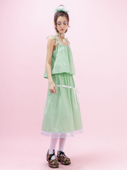 Green Lace Ribbon Loose Half Skirt