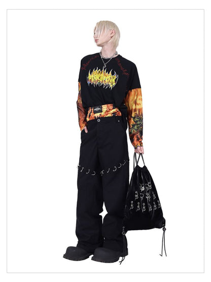 Flame Cat Concept Genderless Loose Street Patchwork Sleeve T