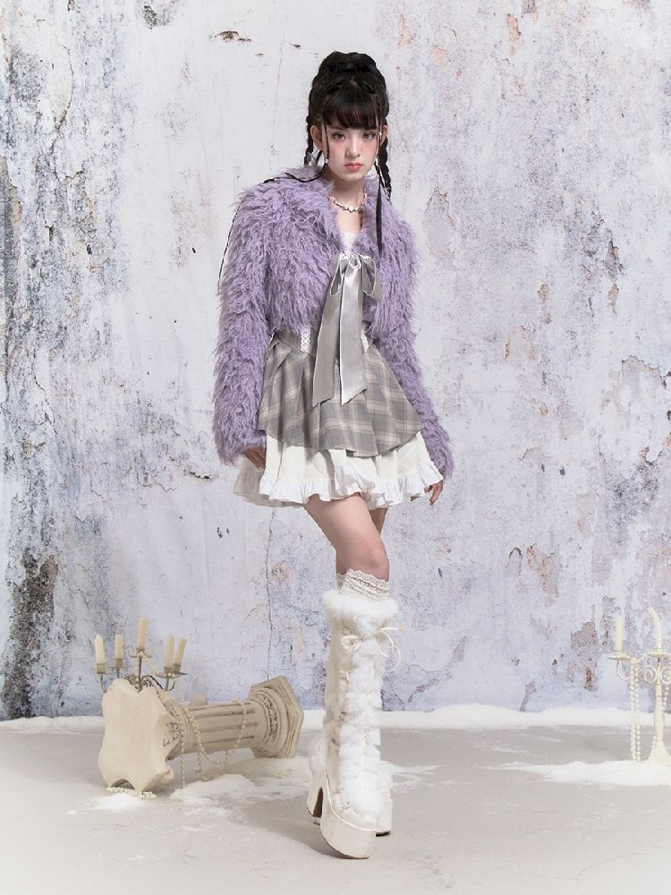 Purple Fox Fur Bow Shoulder Jacket