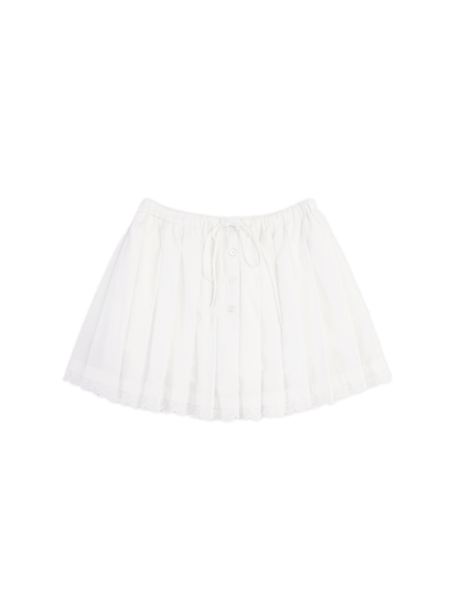 Doll Collar Lace Short Sleeve Shirt With Shell Button Placket Drawstring Pleated Short Skirt