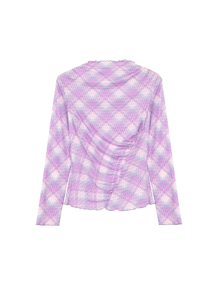 Flower Plaid Drawstring Mesh Long Sleeve Bottom Shirt