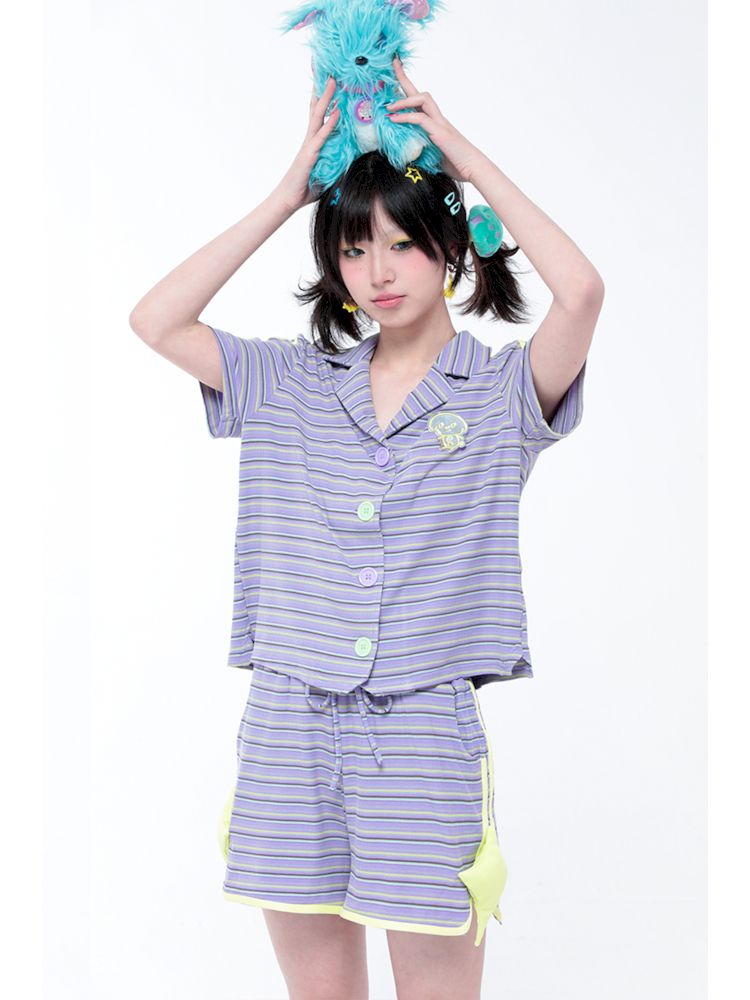 Striped Cuban Collar Short Sleeve Shirt