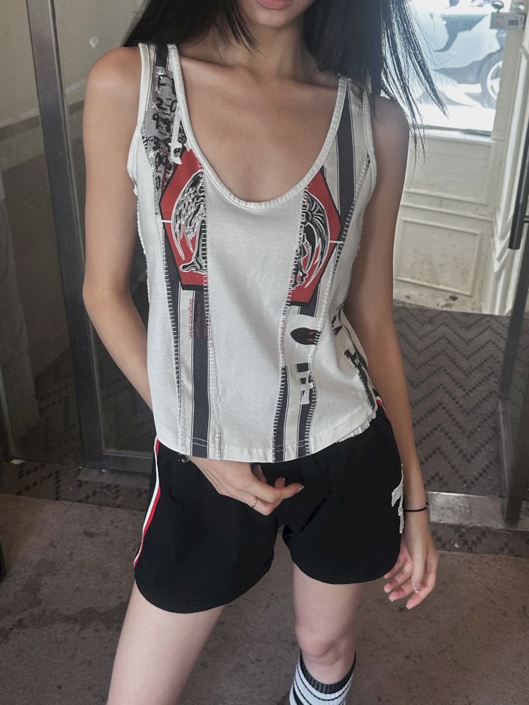 Irregular print patchwork vest T-shirt