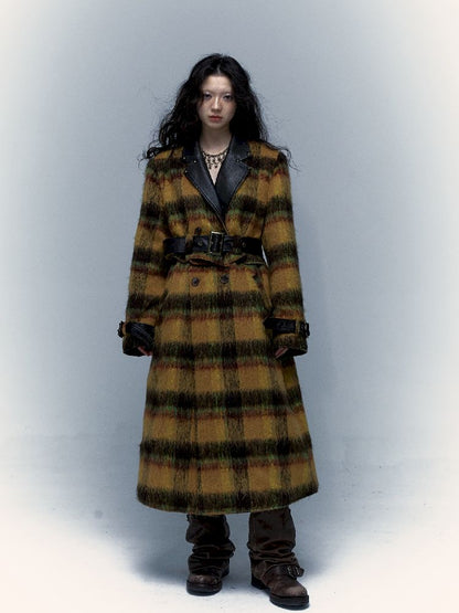 Reversible plaid patchwork leather trench coat