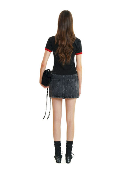 Gradient Spray Horsebit Worn Tie Flower Denim Short Skirt