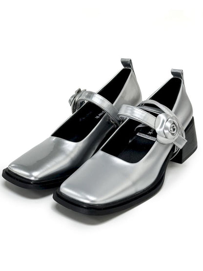 Silver Camellia Square Toe Mary Jane Leather Shoes