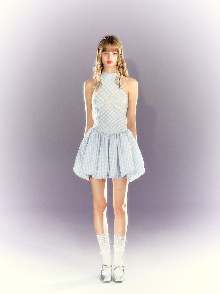 Plaid Pearl Bow Waisted Short Dress