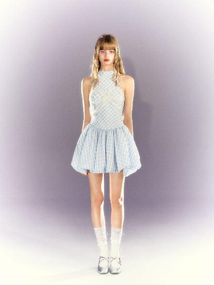 Plaid Pearl Bow Waisted Short Dress