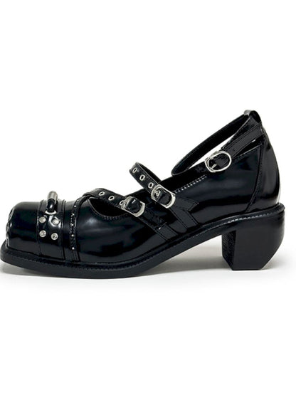 Black Punk Pig Nose Square Toe Studded Mary Jane Single Shoes