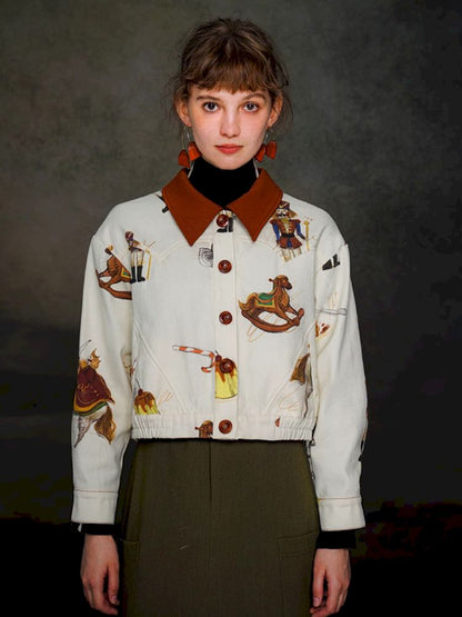 British retro brown red polo collar short jacket