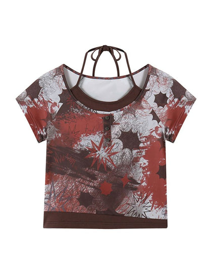 Fake two pieces full print hanging neck short sleeve T-shirt