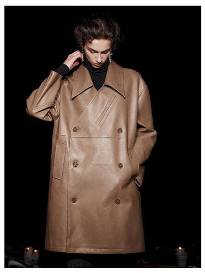 Mid-Length Silhouette Loose Leather Trench Coat