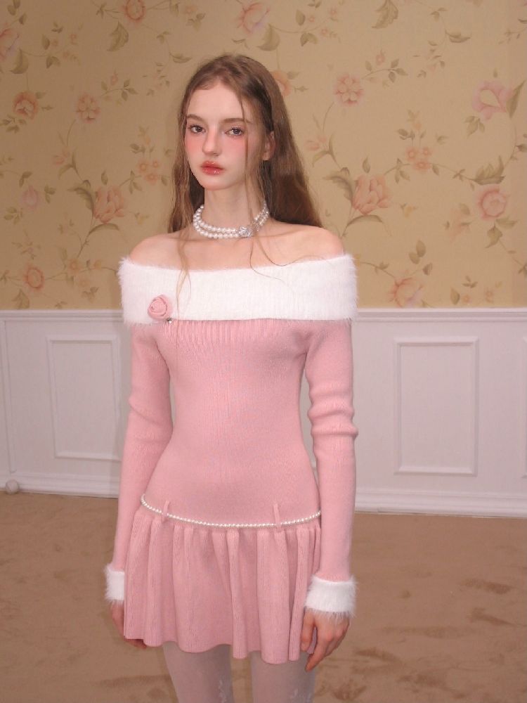 One-Shoulder Faux Mink Knit Dress