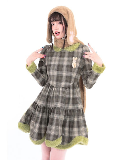 Bunny Doll Green Brown Plaid Petal Dress