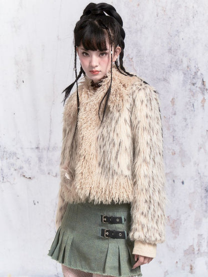 Beige Stripe Patchwork Fox Fur Coat