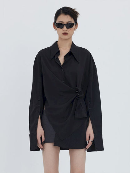 Asymmetric Hem Pleated Loose Pointed Collar Shirt