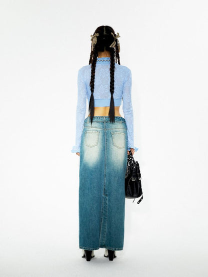 Washed denim slimming straight long half skirt