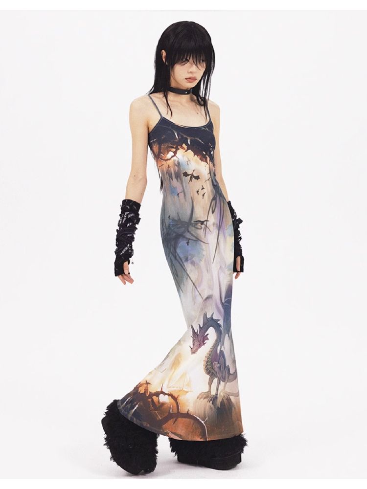 Dragon Print Fishtail Dress