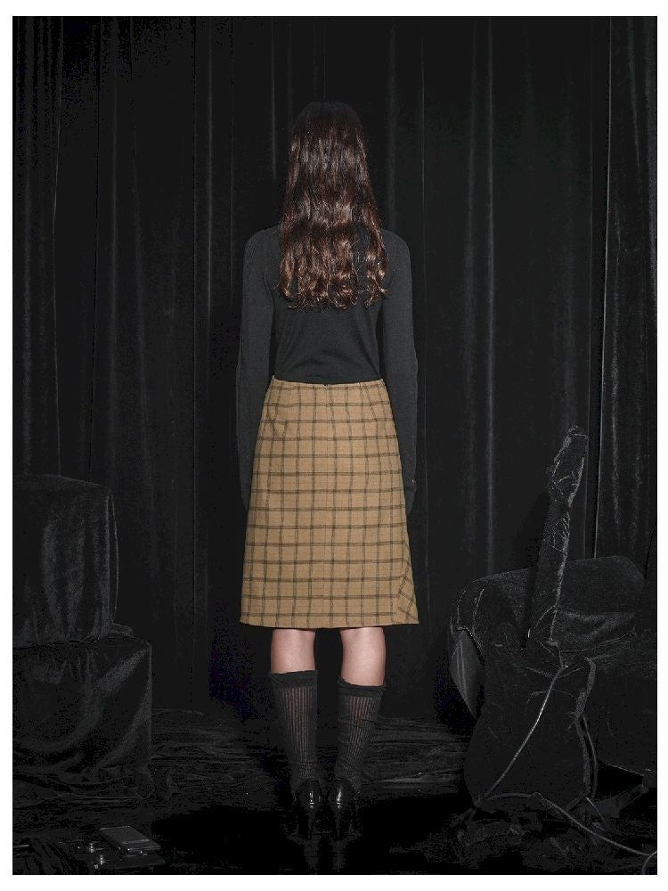 Half Tweed Draped Elegant Plaid Skirt