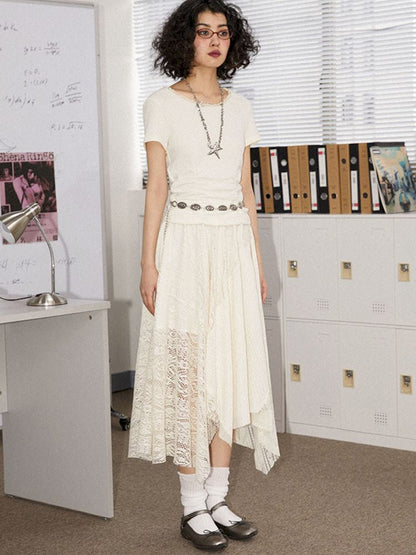 Round Lace Neck Jacquard Pleated Short Sleeve T-Shirt