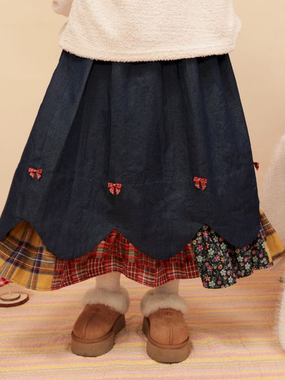 Petal Ribbon Quilted Denim Half-body Skirt