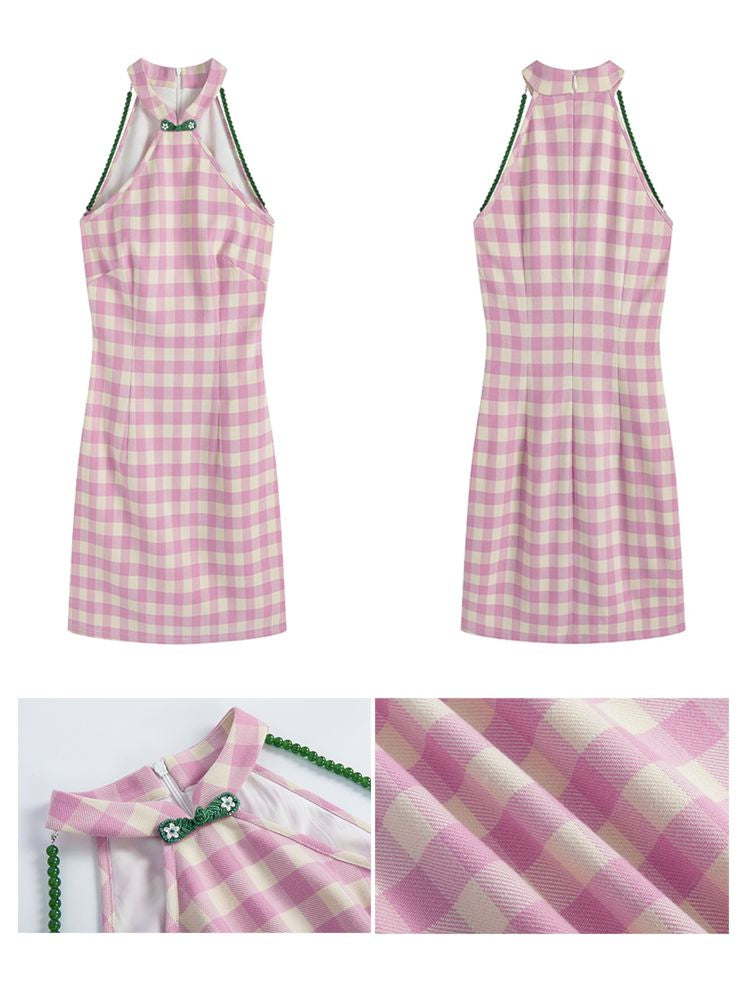 Pink Check Slim Short Dress