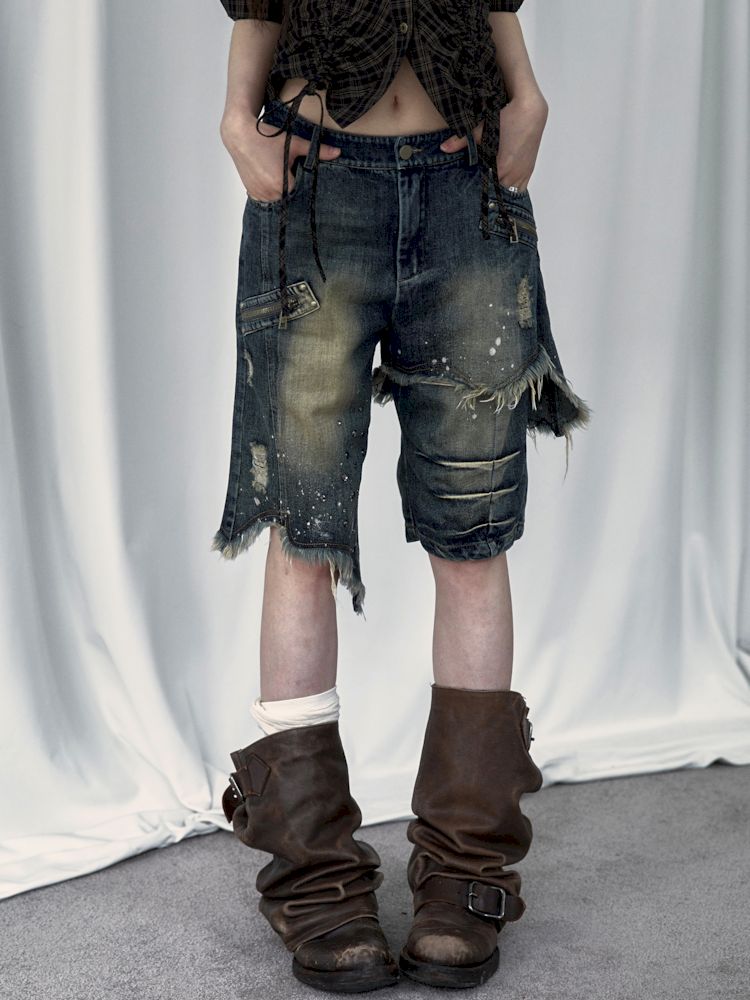 Punk street washed and worn wide-leg jeans