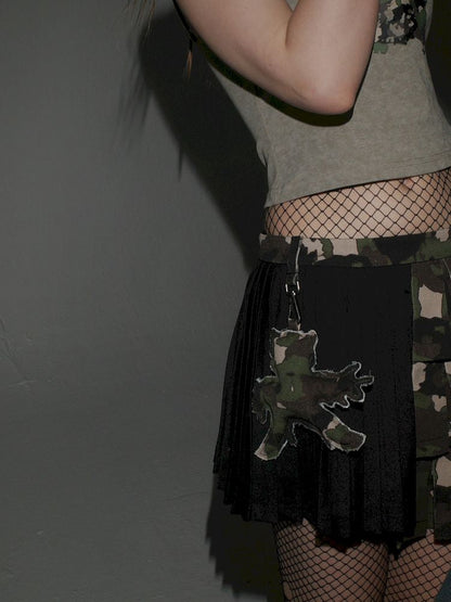 Patchwork Camouflage Pleated Skirt