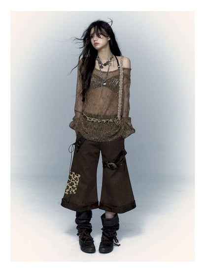 Leopard Leather Loose Low Waist Contour Seven Pants