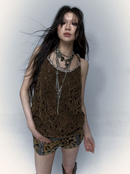 Slouchy Old Hollowed Out Loose Flocked Lace Vest