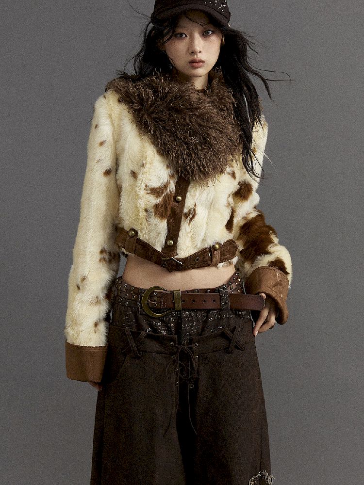 Patchwork collar short fur coat