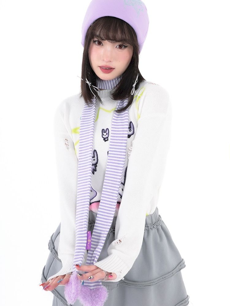 Love Heart Cotton White and Purple Striped Thin Scarf