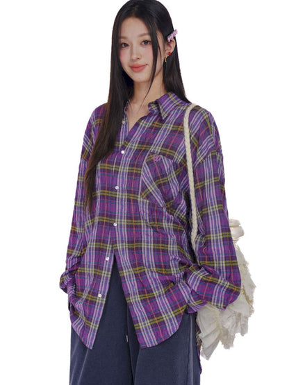 Lazy wind yellow and purple plaid shirt