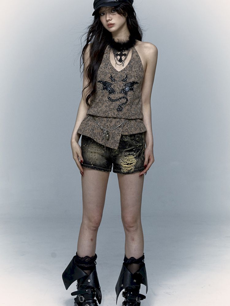 Embroidered Leopard Print Hanging Neck Vest Camisole