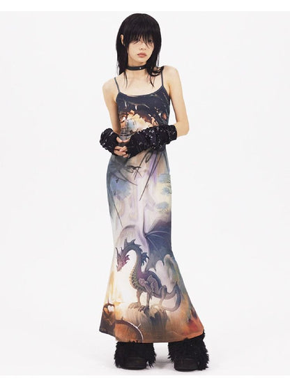 Dragon Print Fishtail Dress