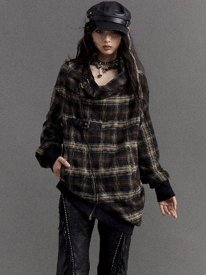 Loose plaid asymmetrical sweater jacket