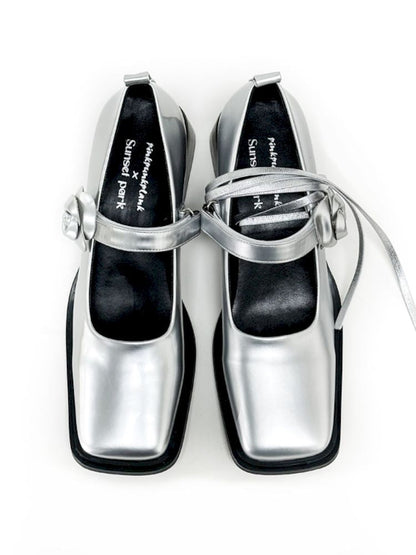 Silver Camellia Square Toe Mary Jane Leather Shoes