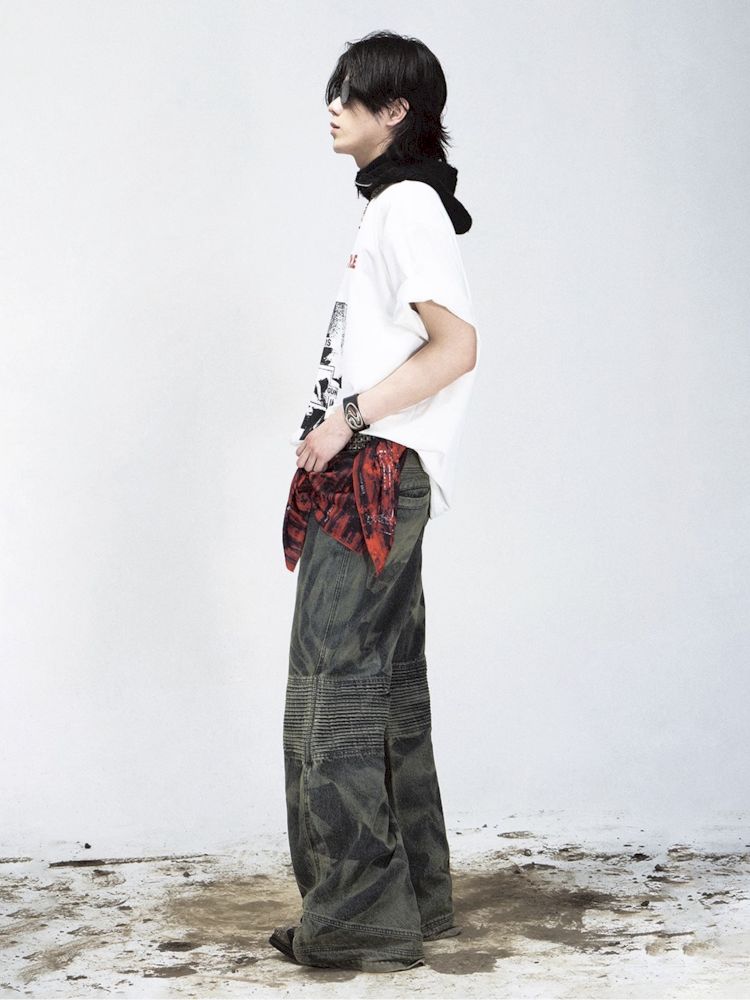 Dirty Dye Frayed Spliced Wide Leg Jeans