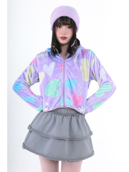 Purple Short Plush Printed Jacket