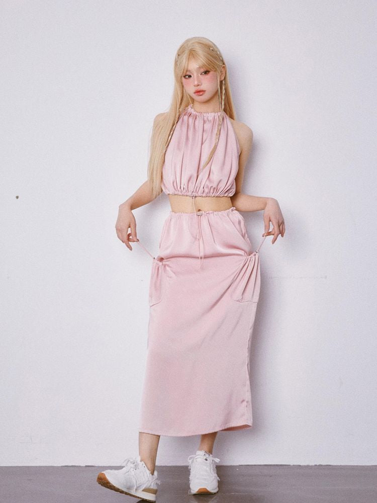 Drawstring Sleeveless Top and Half Skirt Set