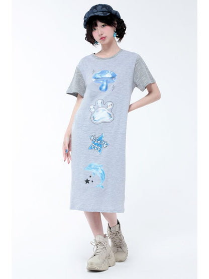 Casual Cotton Gray Short Sleeve T-Shirt Dress