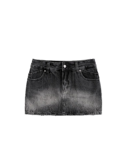 Gradient Spray Horsebit Worn Tie Flower Denim Short Skirt