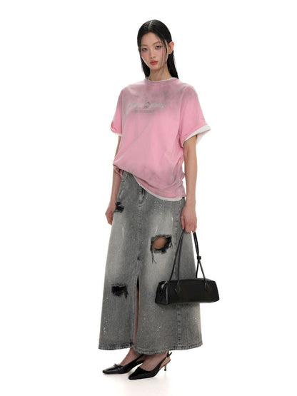 Multiple holes denim long skirt