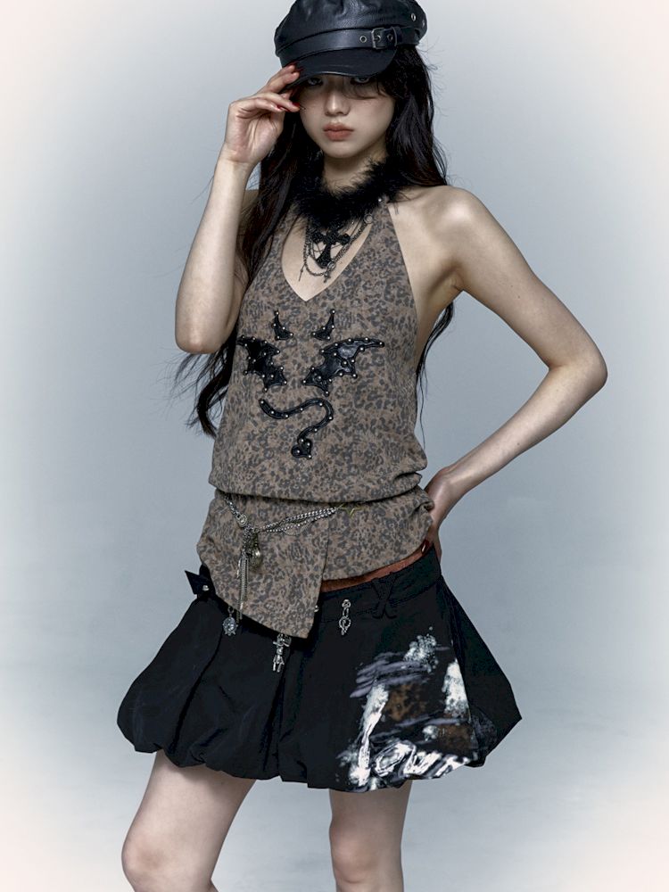 Embroidered Leopard Print Hanging Neck Vest Camisole