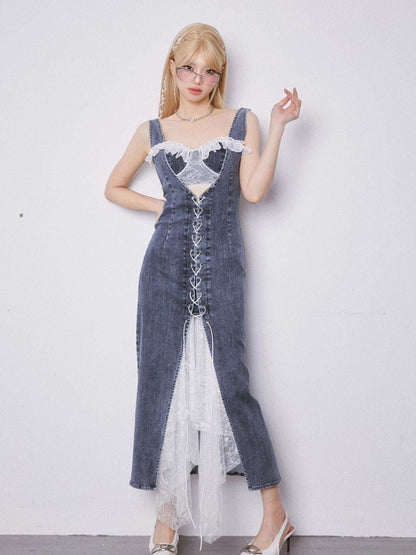 Lace Splicing Lace Tie Slim Split Denim Long Skirt