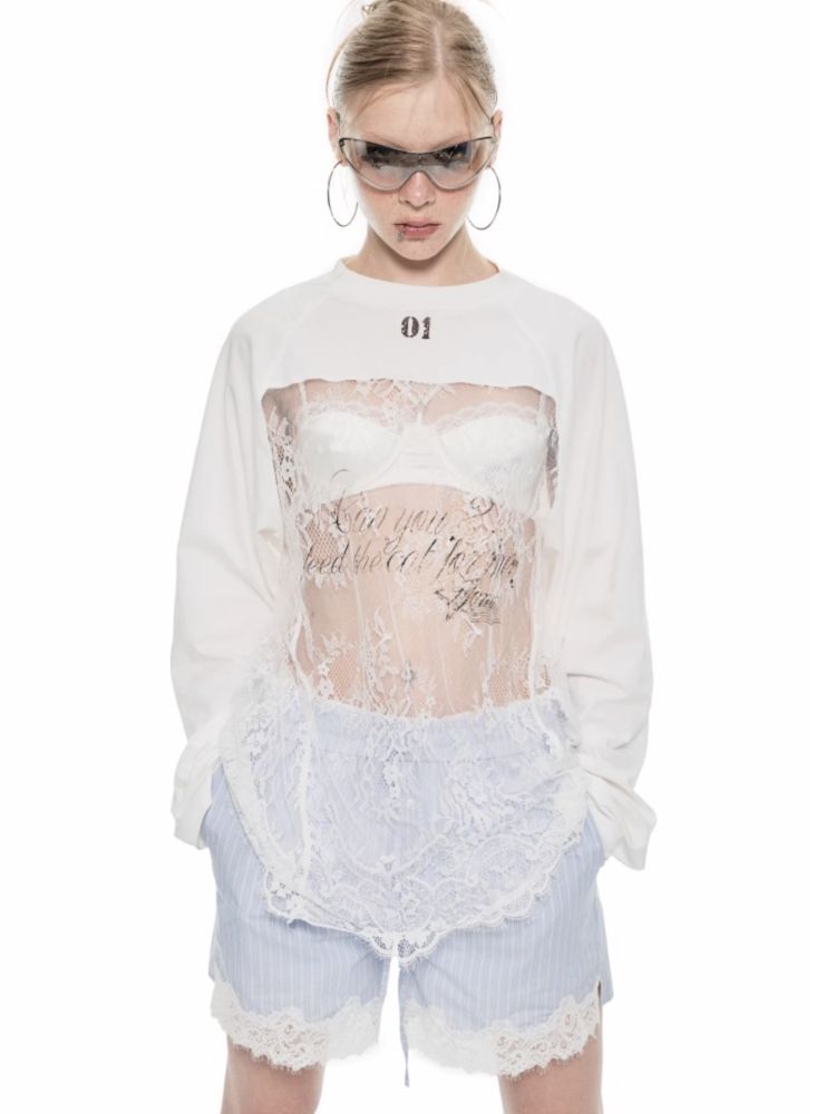 White Lace Plunger Sleeve T-Shirt