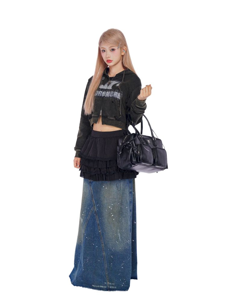 Washed splash ink flinging point spray denim bustier skirt