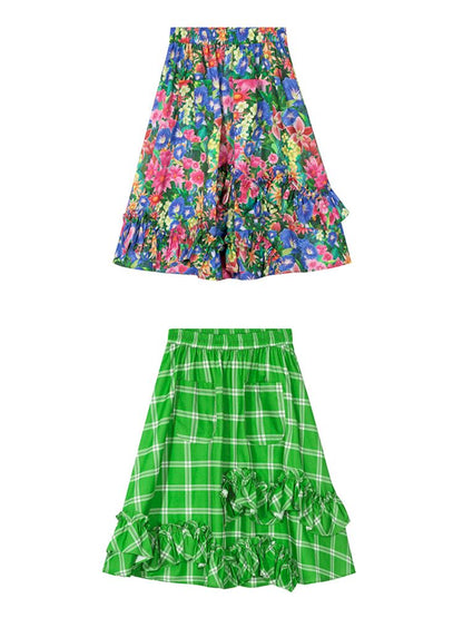 Floral plaid ruffled half-skirt