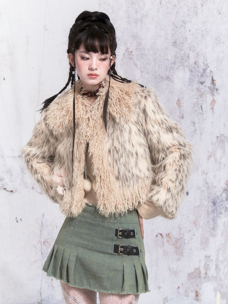 Beige Stripe Patchwork Fox Fur Coat